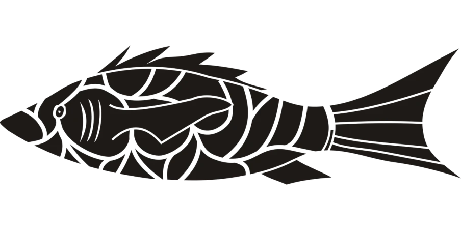 a black and white drawing of a fish, lineart, inspired by Slava Raškaj, polycount, hurufiyya, banner, black backround. inkscape, bronze skinned, quetzalcoatl