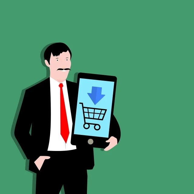 a man in a suit holding a tablet with a shopping cart on it, a stock photo, pixabay, figuration libre, corporate phone app icon, green suit and bowtie, in style of digital illustration, wallpaper mobile