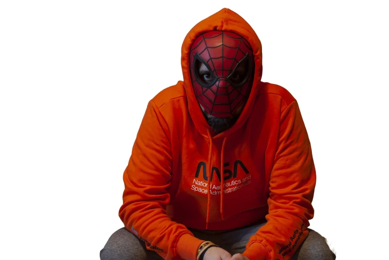 a close up of a person wearing a spider - man hoodie, inspired by Jan Karpíšek, neo-dada, orange head, for aaa game, marketing photo, ( ( mask ) )