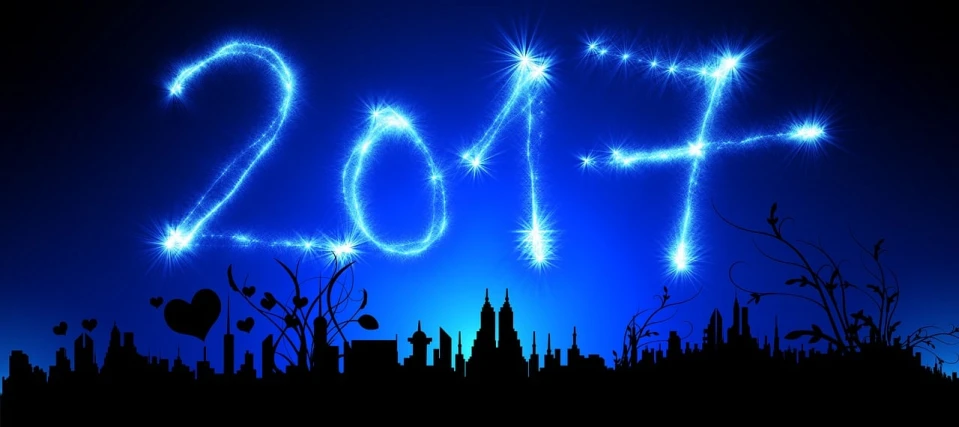 a picture of the new year written in the sky, a picture, by January Suchodolski, shutterstock, city background in silhouette, dark blue, 2 0 1 7, glowing with magic