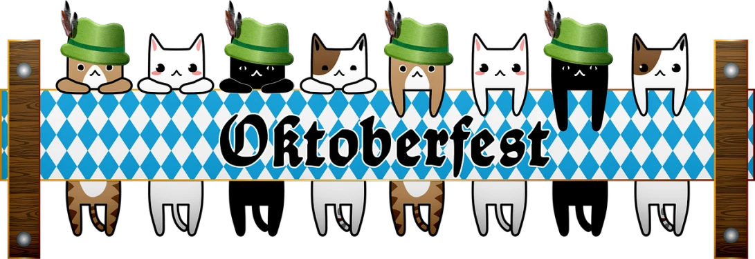 a group of cats sitting on top of a table, a digital rendering, by Ota Bubeníček, pixabay, art nouveau, octoberfest poster, header with logo, hat, sanrio