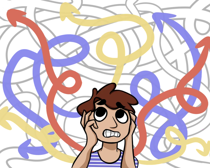 a drawing of a man talking on a cell phone, a cartoon, by Whitney Sherman, pexels, conceptual art, serpentine twisty maze, jaidenanimations, colored manga panel, looking confused