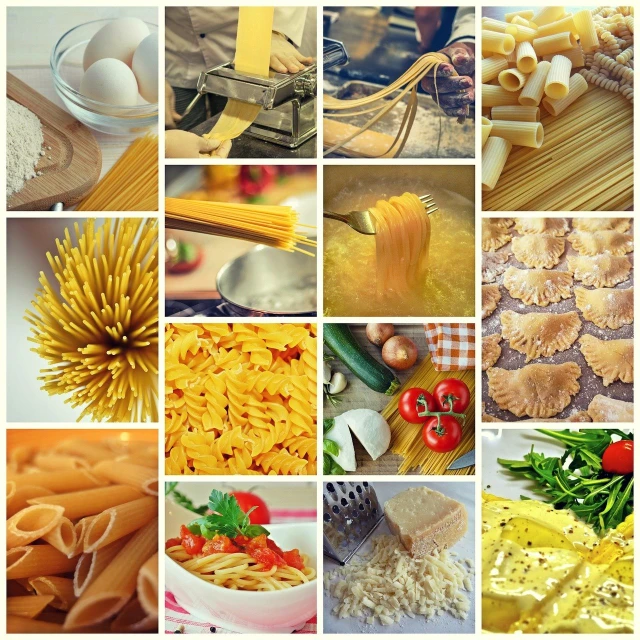 a collage of pictures of different types of food, a picture, by Bernardino Mei, shutterstock, renaissance, pasta, ultrafine detail ”, grain”, cookbook photo