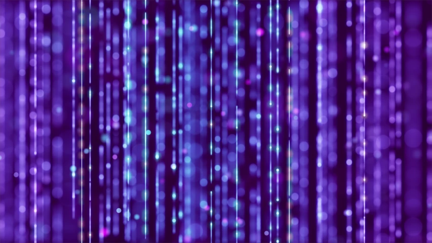 a dark room filled with lots of purple and blue lights, inspired by Ryoji Ikeda, digital art, strings background, glitter background, style of the matrix, beaded curtains