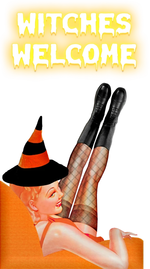 a painting of a woman wearing stockings and a witch hat, an album cover, inspired by Earle Bergey, detailed shot legs-up, orange and black, edited in photoshop, wanda