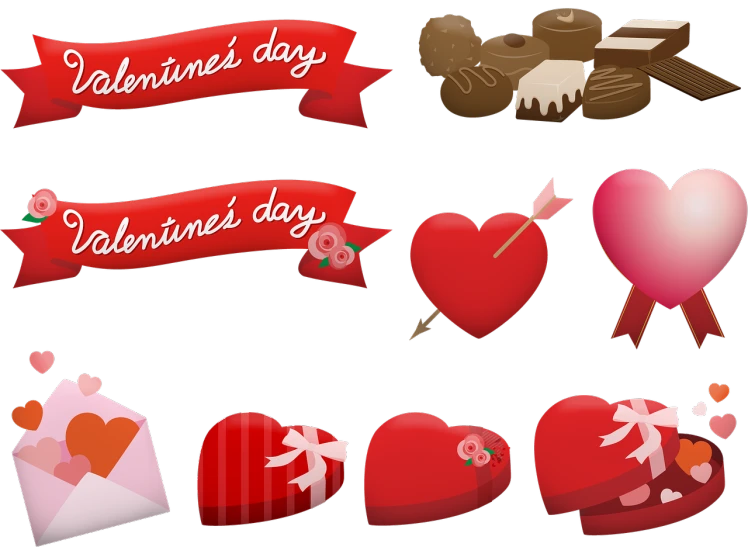 a set of valentine's day icons on a black background, a digital rendering, by Valentine Hugo, pixabay, digital art, wide ribbons, chocolate candy bar packaging, 💣 💥, no gradients