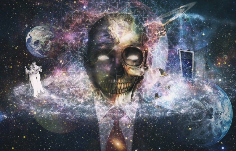 a close up of a skull with space in the background, digital art, tumblr, surrealism, floating in the cosmos nebula, album cover, sandman, dread scary spaceship