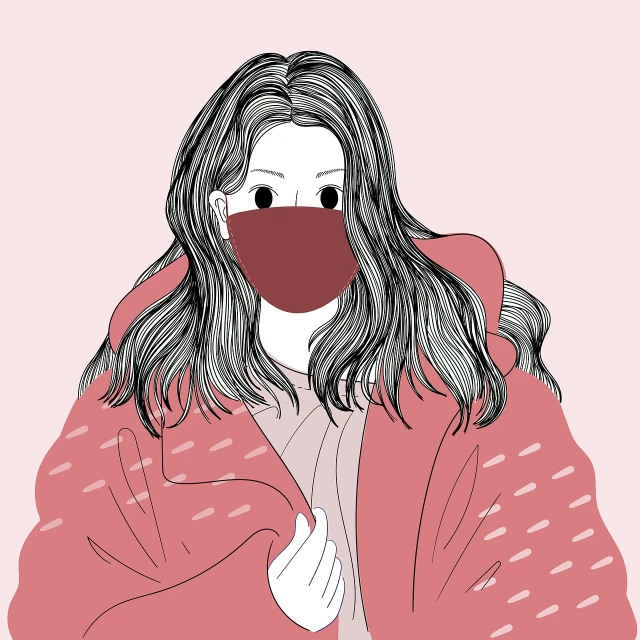 a woman with a mask covering her face, serial art, pink and red color style, wearing casual clothes, she wears a jacket, cozy under a blanket