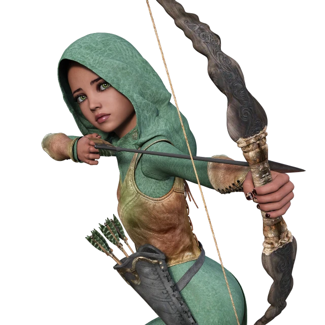 a woman dressed in green holding a bow and arrow, zbrush central contest winner, petite girl, hood, dramatic serious pose, high resolution and detail