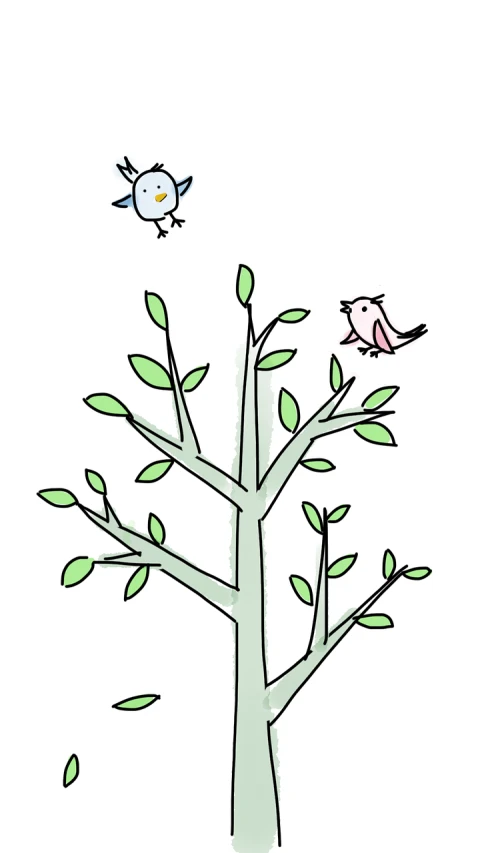 a couple of birds sitting on top of a tree, an illustration of, happening, growing off a tree, wikihow illustration, coloured line art, children\'s illustration