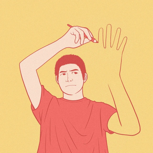 a man holding a pair of scissors above his head, a drawing, inspired by Ding Guanpeng, pexels, serial art, wearing a modern yellow tshirt, hand with five fingers, wikihow illustration, dale gribble