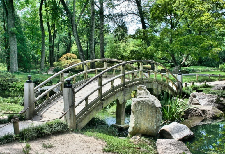 a wooden bridge over a small pond in a park, a picture, inspired by Shūbun Tenshō, shutterstock, arts and crafts movement, rhode island, back arched, modern setting, from the front