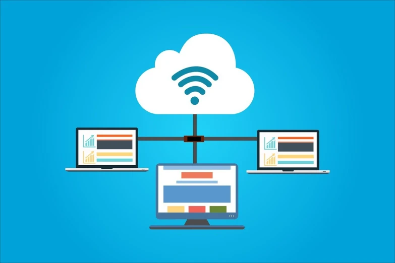 three laptops connected to a cloud on a blue background, an illustration of, shutterstock, cloud server, avatar for website, diagram, f4.5