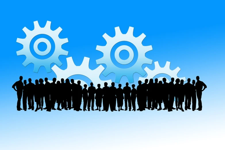 a group of people standing in front of gears, trending on pixabay, with a blue background, crowds of people, maintenance photo, stock photo