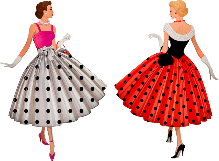 a woman in a polka dot dress and a lady in a polka dot dress, a digital rendering, by Wayne England, trending on pixabay, pop art, coated pleats, costume design, pink and red colors, high-waist-black-skirt