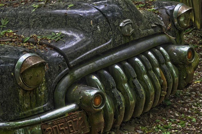 an old car that is sitting in the grass, by Jeffrey Smith, flickr, forest details, insane detail, jungle grunge, 1 9 4 8 desoto car