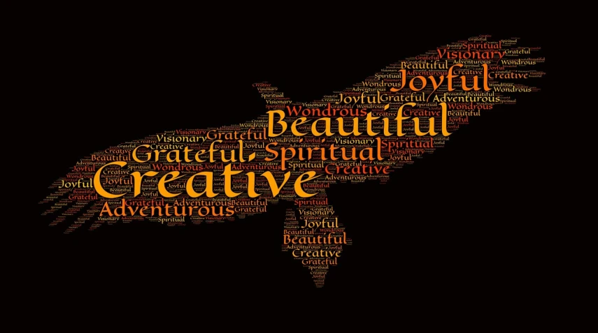 a bird made of words on a black background, a picture, by Jennifer Bartlett, trending on pixabay, spiritual style, joyful 4k, awesome greate composition, bountiful crafts