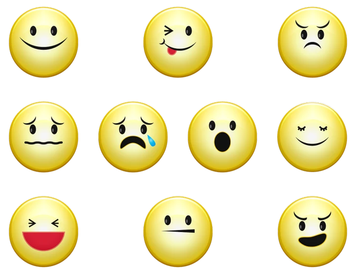 a set of nine smiley faces with different expressions, a picture, by Maeda Masao, trending on pixabay, sad lighting, with a black background, 😭🤮 💔, golden