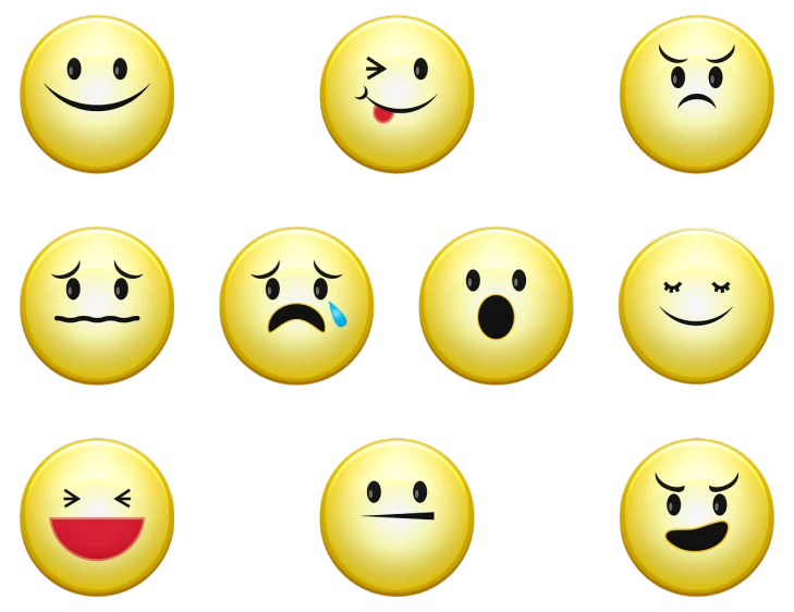 a set of nine smiley faces with different expressions, a picture, by Maeda Masao, trending on pixabay, sad lighting, with a black background, 😭🤮 💔, golden