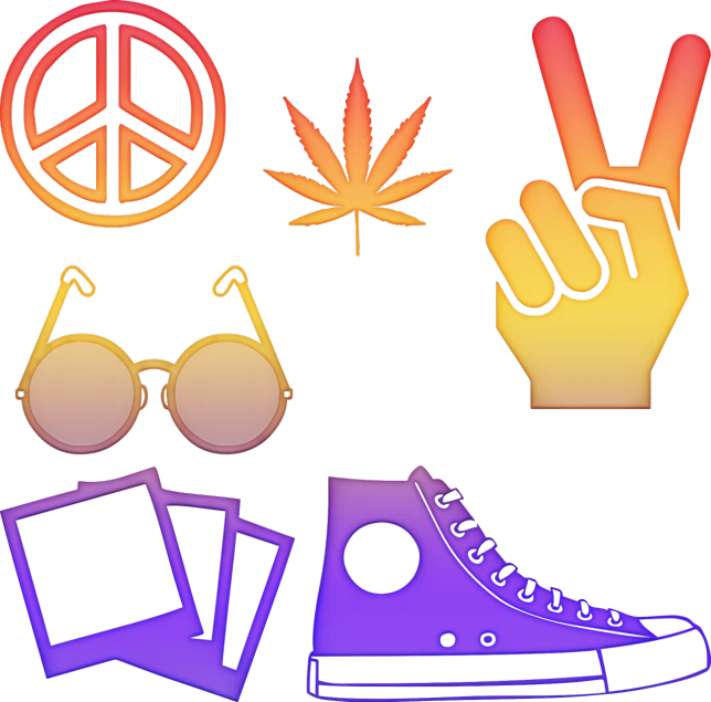 a pair of sneakers, a pair of sunglasses, and a peace sign, digital art, funk art, various items, night color, harry volk clip art style, left hand