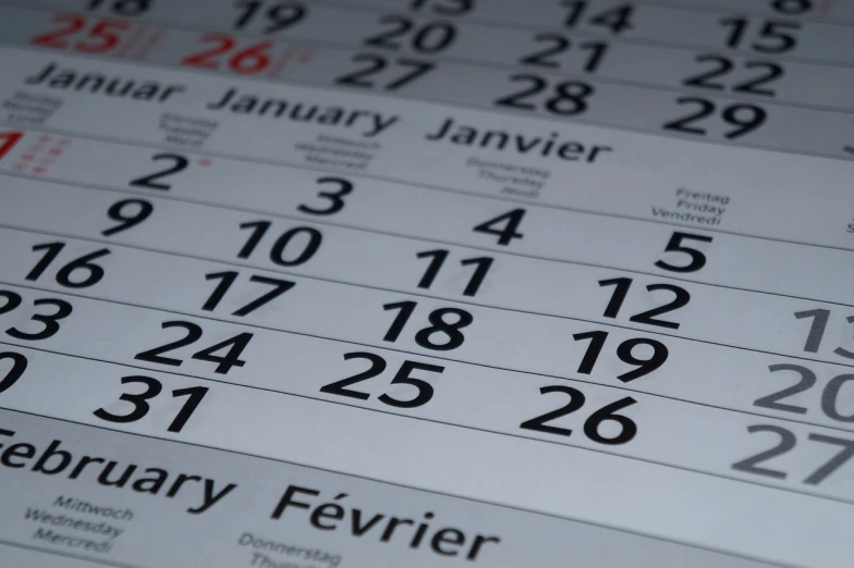 a close up of a calendar on a table, by Andrei Kolkoutine, happening, french, january and february, closeup detailed, large format