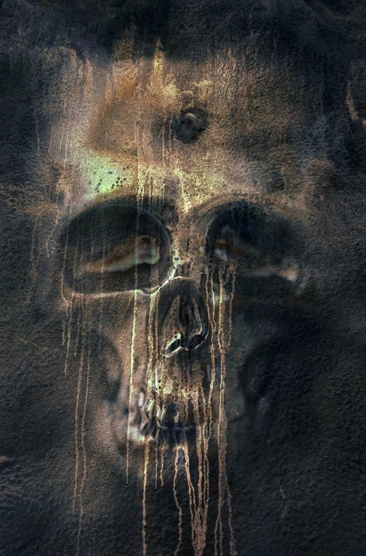 a close up of a face on a wall, a digital rendering, inspired by H. R. (Hans Ruedi) Giger, gothic art, skull liminal void background, dirty old golden metal, octane render w 1024, drip