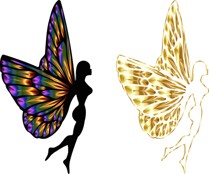 a close up of a butterfly on a black background, digital art, by Marie Bashkirtseff, trending on pixabay, digital art, golden twilight stained glass, front and back view, with two pairs of wings, gold and luxury materials