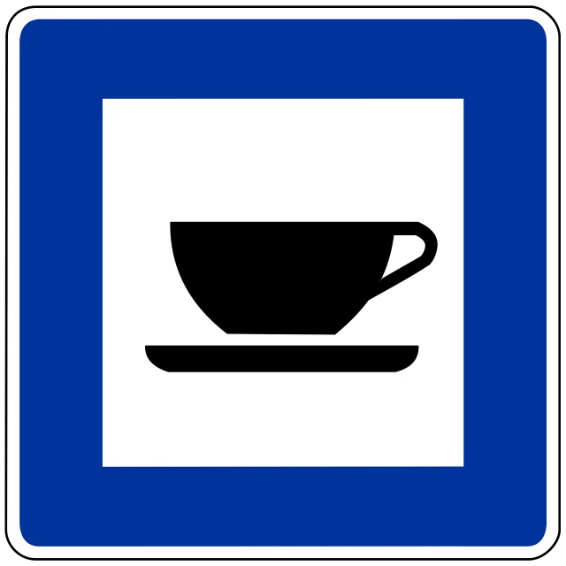 a blue and white sign with a cup and saucer on it, inspired by Jürg Kreienbühl, pixabay, bauhaus, highways, arabica style, plate of borscht, pictogram