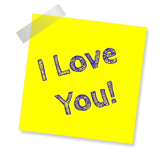 a post it note with the words i love you written on it, a picture, pixabay, black. yellow, cel shaded!!!, 2 0 1 0 photo, love theme