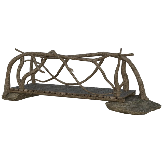 a bench made out of branches on a black background, trending on polycount, conceptual art, huge suspended wooden bridge, stone bridge, 3 d model, rustic