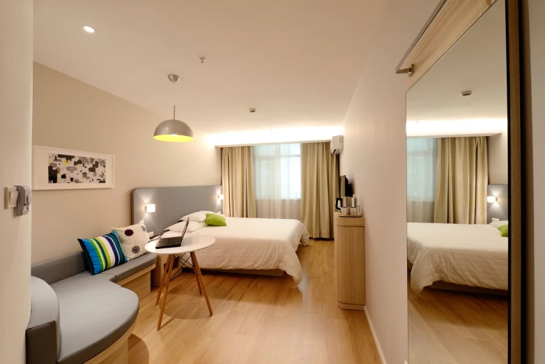 a living room filled with furniture and a bed, inspired by Liu Haisu, clean and simple design, hotel, multiple lights, eco