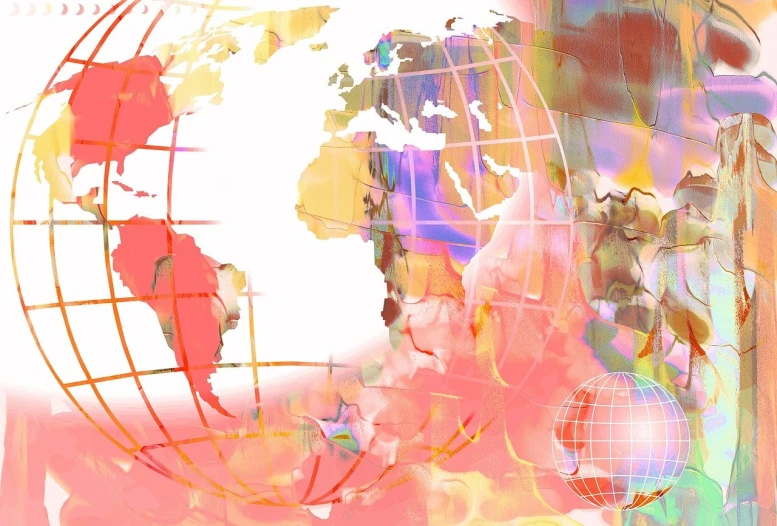 a close up of a painting of a globe, a digital rendering, panfuturism, faded red colors, background is white, springtime, several continents