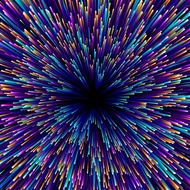 a background of multicolored lines in the shape of a starburst, a microscopic photo, abstract illusionism, luminous black hole portal, realistic textured magnetosphere, perspective shot, purple and blue neons