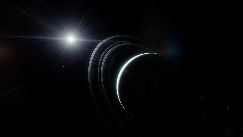 the sun shines brightly behind a ring of saturn's rings, an illustration of, cg society contest winner, space art, rendered in cryengine, two pure moons, [[fantasy]], [sirius]