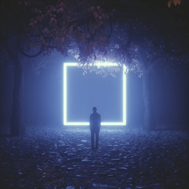 a person standing in front of a square in the middle of a forest, a picture, by Beeple, conceptual art, neon background lighting, isolated, people look into the frame, concept photo