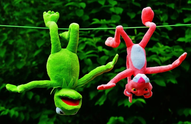 a couple of stuffed animals hanging from a clothes line, a picture, pexels, figuration libre, peepo the frog!!!, ren and stimpy, green bright red, unwind!