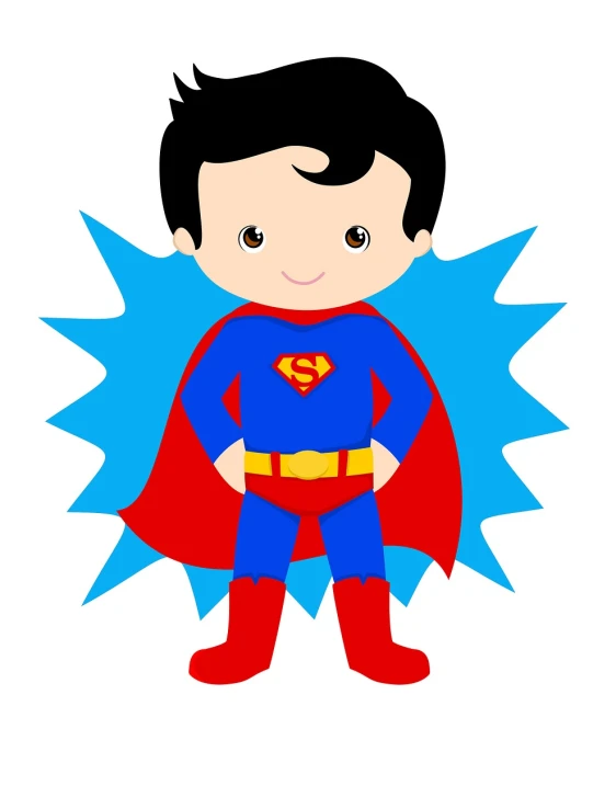 a cartoon superman standing in front of a white background, a picture, children\'s illustration, boy has short black hair, superhero cape, super sharp images