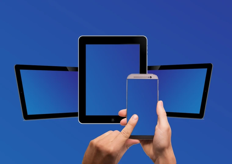 a person holding a smart phone and a tablet, a computer rendering, computer art, solid blue background, set photo, high res photo, tvs