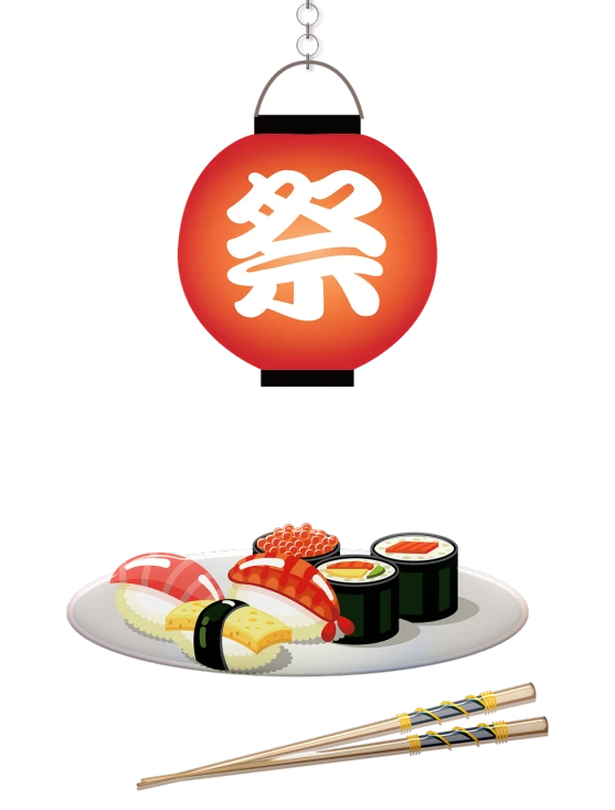 a white plate topped with sushi next to chopsticks, a digital rendering, inspired by Shūbun Tenshō, sōsaku hanga, lamp ( ( ( fish tank ) ) ) ), no gradients, lantern, banner