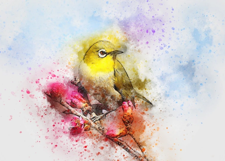 a watercolor painting of a bird sitting on a branch, an illustration of, fine art, dry brush background colors, pink and yellow, masterpiece illustration, eye