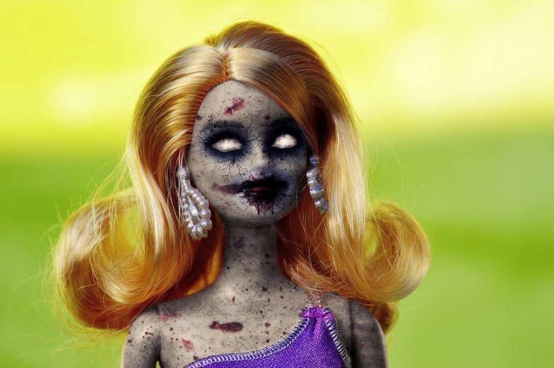 a close up of a zombie doll wearing a purple dress, pop art, blond, covered with tar. dslr, realistic scene, pepper