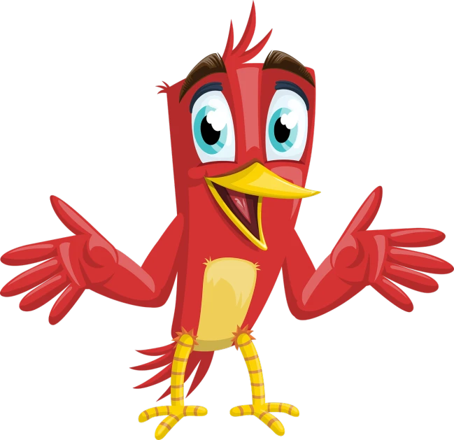 a cartoon red bird with a yellow beak, an illustration of, hurufiyya, his arms spread. ready to fly, bangalore, sparky, high detail illustration