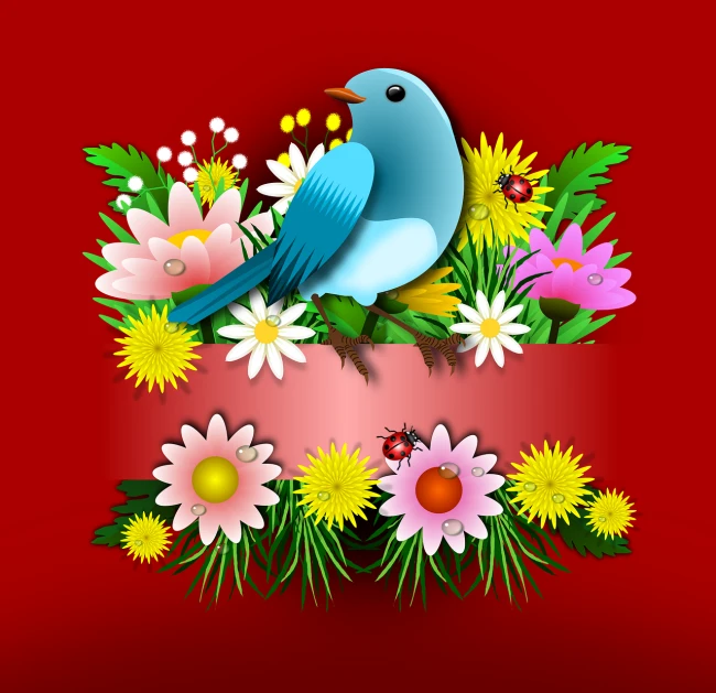 a blue bird sitting on top of a bouquet of flowers, an illustration of, red background photorealistic, layered paper style, garden with flowers background, sticker illustration
