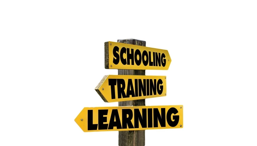 a sign points the way to school, training, and learning, a photo, multi-part, adobe, on white background, contemplating
