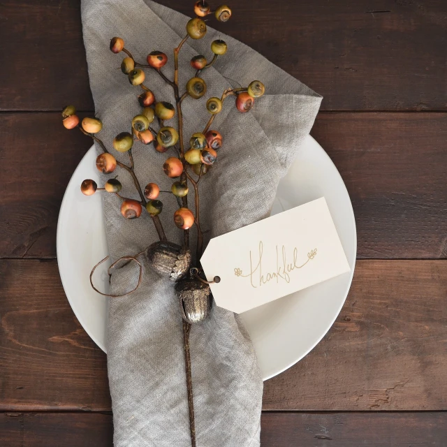 a white plate sitting on top of a wooden table, by Susy Pilgrim Waters, pexels, folk art, holiday, charcoal and silver color scheme, muted fall colors, listing image