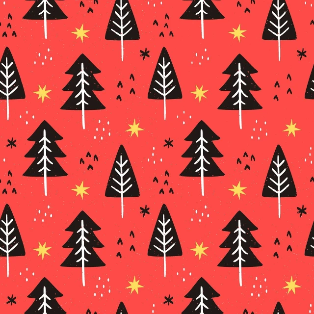 a pattern of trees and stars on a red background, tumblr, black fir, christmas tree, kids, creative