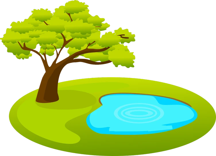 a tree with a pond in the middle of it, a digital rendering, by Odhise Paskali, pixabay, simple cartoon style, pool, well shaded, round background