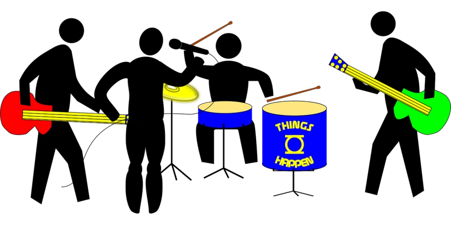 a group of musical instruments sitting next to each other, a screenshot, inspired by Patrick Caulfield, tumblr, 1940's musician playing drums, thunder, [ floating ]!!, blue and yellow theme