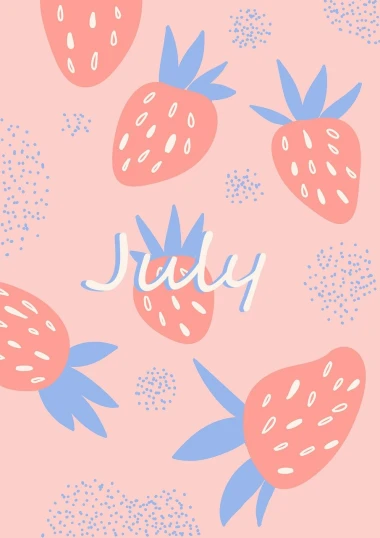 a pink background with strawberries and the word july, a picture, tumblr, a beautiful artwork illustration, nordic pastel colors, pattern, red and blue color theme