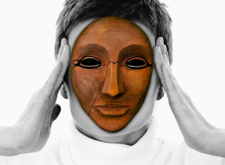 a man with a mask covering his face, a digital rendering, surrealism, boy with neutral face, noh theatre mask, unsettling photo, subject made of cracked clay